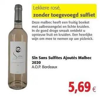 Colruyt Sîn sans sulfites ajoutés malbec 2020 a.o.p. bordeaux aanbieding