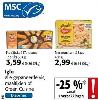 Colruyt Iglo alle gepaneerde vis, maaltijden of green cuisine aanbieding