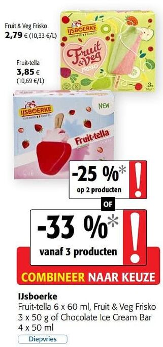 Colruyt Ijsboerke fruit-tella fruit + veg frisko of chocolate ice cream bar aanbieding