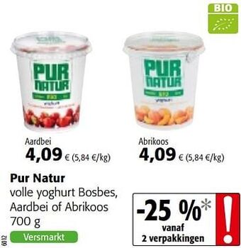 Colruyt Pur natur volle yoghurt bosbes, aardbei of abrikoos aanbieding