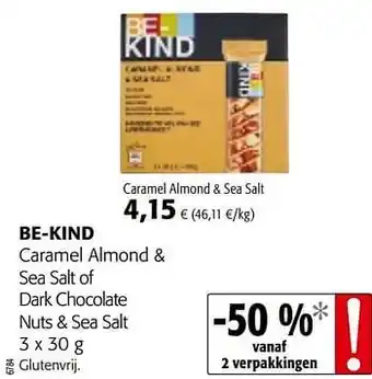Colruyt Be-kind caramel almond + sea salt of dark chocolate nuts + sea salt aanbieding