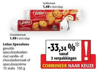 Colruyt Lotus speculoos gevulde speculooskoeken met vanille- of chocoladesmaak of speculooscrème aanbieding