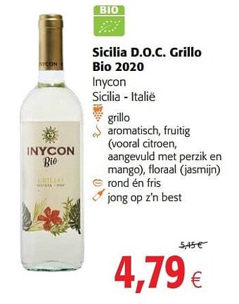Colruyt Sicilia d.o.c. grillo bio 2020 inycon sicilia - italië aanbieding