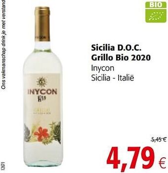 Colruyt Sicilia d.o.c. grillo bio 2020 inycon sicilia - italië aanbieding