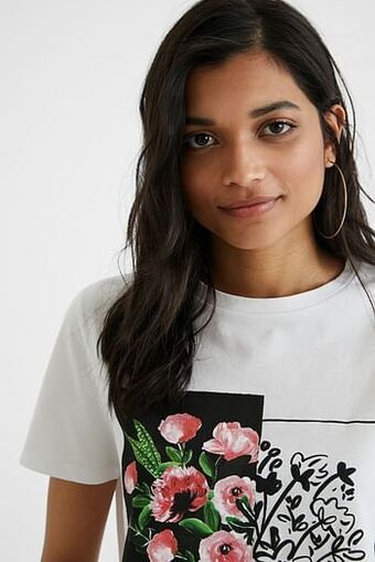 Desigual T-shirt met bloemen van 100% katoen - WHITE - M aanbieding