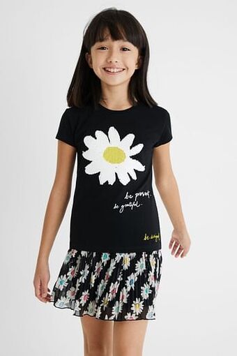 T-shirt met madeliefje en omkeerbare pailletten - BLACK - 13/14