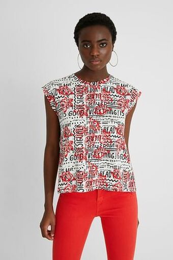 T-shirt met rozen van 100% katoen - WHITE - XL