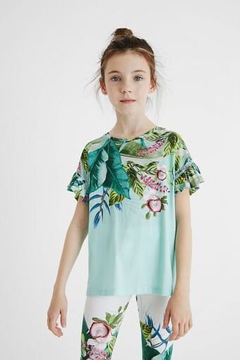 T-shirt met bloemenprint en mouwen met ruches - GREEN - 9/10