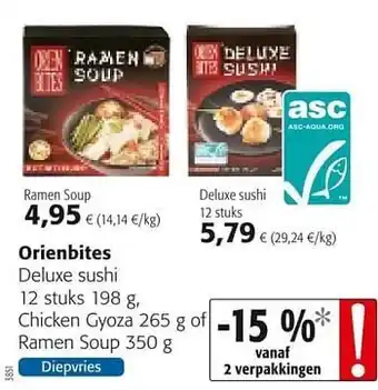 Colruyt Orienbites deluxe sushi chicken gyoza of ramen soup aanbieding