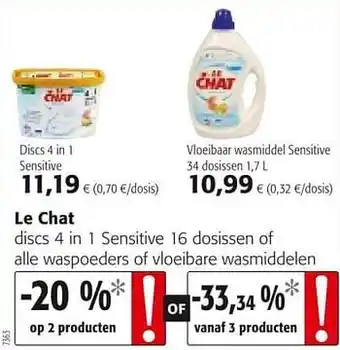 Colruyt Le chat discs 4 in 1 sensitive of alle waspoeders of vloeibare wasmiddelen aanbieding