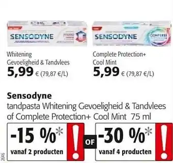 Colruyt Sensodyne tandpasta whitening gevoeligheid + tandvlees of complete protection+ cool mint aanbieding