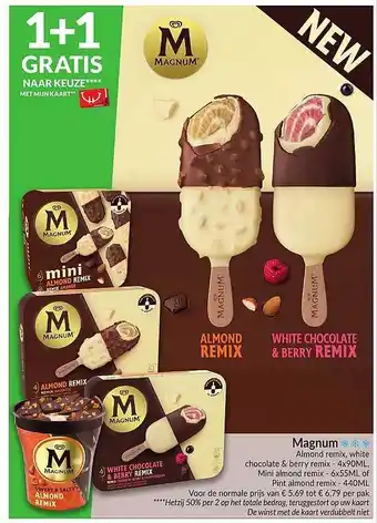 Intermarché Magnum Almond Remix White Chocolate & Berry Remix Mini Almond Remix Pint Almond Remix 1+1 Gratis aanbieding