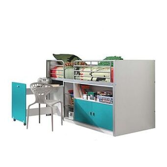 Leen Bakker Vipack halfhoogslaper Bonny, uitschuifbaar bureau - turquoise - 121x96x207 cm - Leen Bakker aanbieding