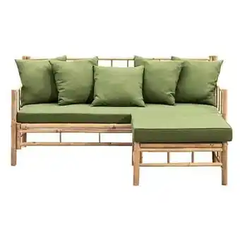 Leen Bakker Loungebank met hocker Tarifa bamboe met kussens - donkergroen - 2-delig - Leen Bakker aanbieding