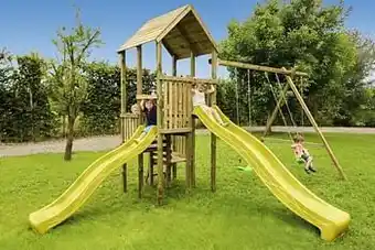 Dreamland BnB Wood schommel Perk en 2 gele glijbanen aanbieding
