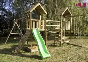 Dreamland BnB Wood schommel Nieuwpoort Duo Adventure met limegroene glijbaan aanbieding
