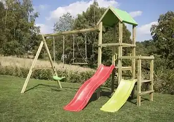 Dreamland BnB Wood schommel Little Eden Duo met rode en lime glijbaan aanbieding