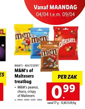 Lidl M&M's of Maltesers treatbag 77 g per zak aanbieding