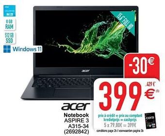 Cora Acer notebook aspire 3 a315-34 aanbieding