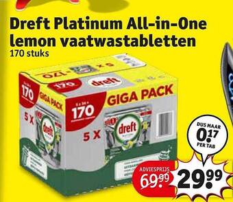 Kruidvat Dreft Platinum All-in-one Lemon Vaatwastabletten aanbieding