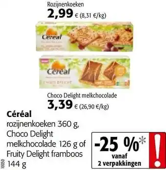 Céréal rozijnenkoeken, choco delight melkchocolade of fruity delight framboos