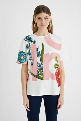 Desigual 100% katoenen T-shirt met bloemen - WHITE - M aanbieding