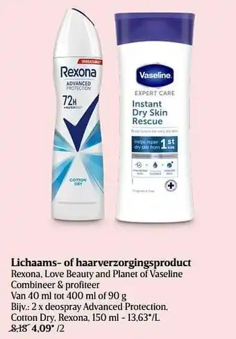 Delhaize Deospray advanced protection, cotton dry, rexona aanbieding