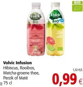 Colruyt Volvic infusion hibiscus, rooibos, matcha-groene thee, perzik of maté aanbieding