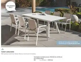 Dreamland Verlengbare tuintafel lanna en 4 stoelen bondi wit aanbieding