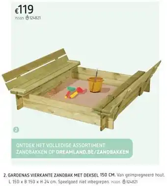 Gardenas vierkante zandbak met deksel 150 cm L 150 x B 150 x H 24 cm