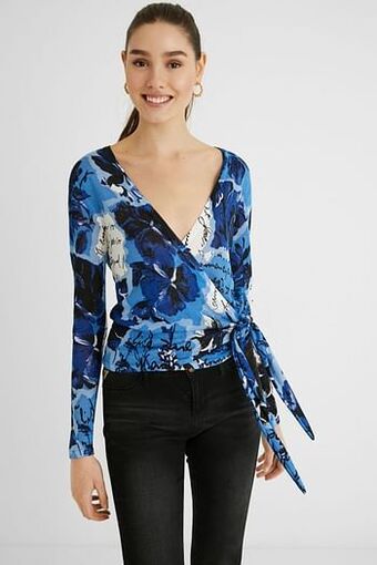 Desigual Gebreid vest met strik en print - BLUE - S aanbieding