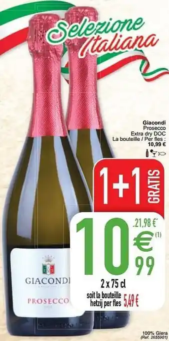 Cora Giacondi prosecco extra dry doc 1+1 Gratis aanbieding