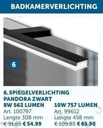 Spiegelverlichting pandora zwart 8w 562 lumen Art. 100797 308mm