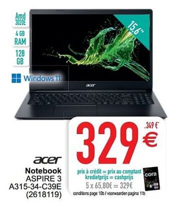 Cora Acer notebook aspire 3 a315-34-c39e aanbieding
