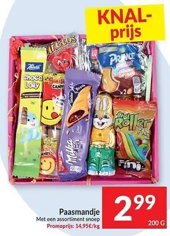 Intermarché Paasmandje met een assortiment snoep aanbieding