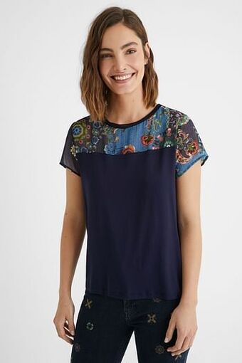 Desigual T-shirt met tule en mandala’s van twee stoffen - BLUE - XS aanbieding