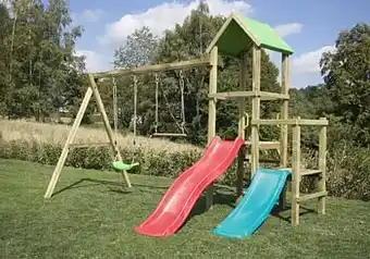 Dreamland BnB Wood schommel Little Eden Duo met rode en turquoise glijbaan aanbieding