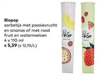 Biopop sorbetijs met passievrucht en ananas of met rood fruit en watermeloen