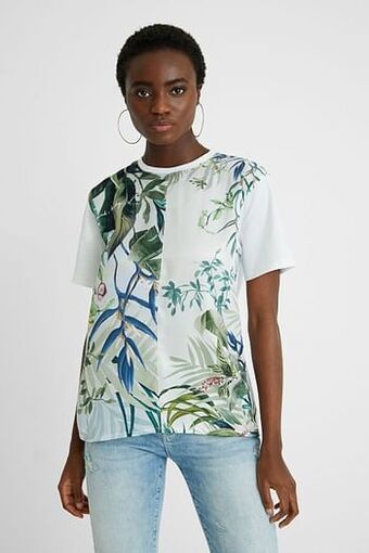 Desigual Tropical T-shirt van twee stoffen - WHITE - XL aanbieding