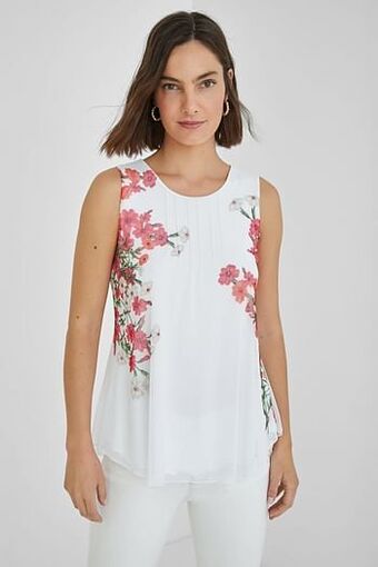 Desigual Mouwloos shirt met tule en bloemenprint - WHITE - XL aanbieding