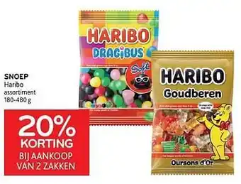 Alvo snoep haribo 20% KORTING BIJ AANKOOP VAN 2 ZAKKEN aanbieding