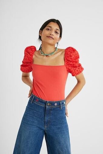 Desigual Body met mouwen met broderie anglaise - ORANGE - M aanbieding
