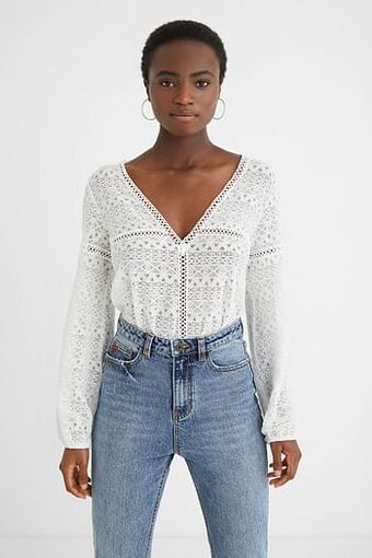 Desigual Slim fit body met kant - WHITE - L aanbieding