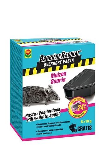 Brico Compo muizen pasta + voederdoos Barrière Radikal Overdose 80g 24u aanbieding
