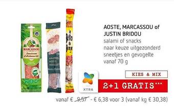 Spar Colruyt Aoste, Marcassou Of Justin Bridou Salami Of Snacks aanbieding