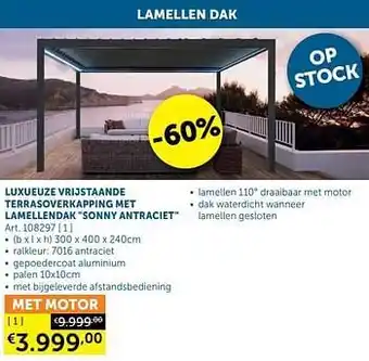 Zelfbouwmarkt Luxueuze vrijstaande terrasoverkapping met lamellendak sonny antraciet aanbieding