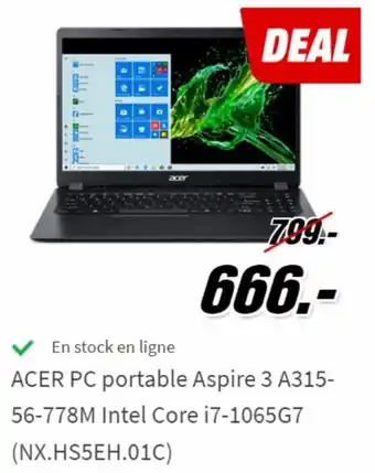 MediaMarkt Acer PC portable Aspire 3 A315-56-778M Intel Core i7-1065G7 (NX.HS5EH.01C) aanbieding