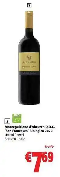 Montepulciano d’abruzzo d.o.c. san francesco biologico 2020 umani ronchi abruzzo - italië