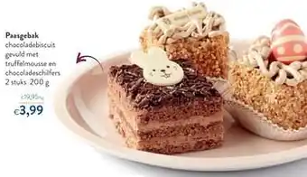 Paasgebak chocoladebiscuit gevuld met truffelmousse en chocoladeschilfers