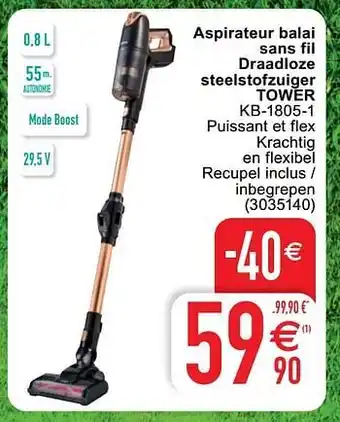 Cora Aspirateur balai sans fil draadloze steelstofzuiger tower kb-1805-1 aanbieding